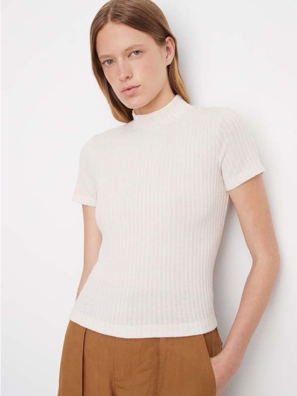 Vince Cream Ribbed Mock Neck Short Sleeve Top